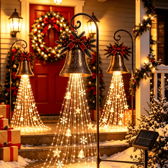 Christmas Bell Cascade Solar Yard Light,3 Pack Warm White LED Flowing Garden Stake with Star Snowflake Ornaments, Waterproof Auto On Off for Lawn Pathway Front Yard Outdoor, Christmas Holiday Decor