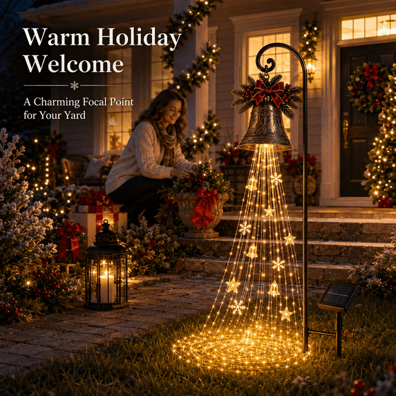 Christmas Bell Cascade Solar Yard Light for Christmas Yard Decor, Cascading Outdoor Holiday Decoration with Warm LED Glow, Waterproof Hanging Garden Light for Lawn, Patio, Pathway and Tree