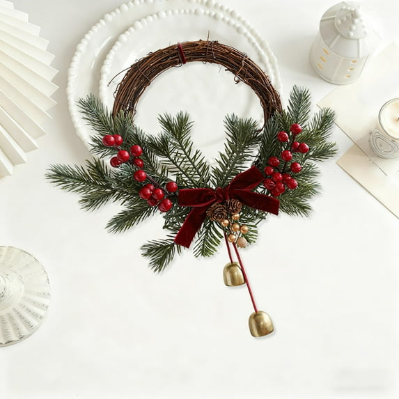 Christmas Bell Decorations 13.8in Christmas Decorations Rattan Wreath Bells Bow Red Fruit Branch Door Hanging Christmas Window Decoration Pendant