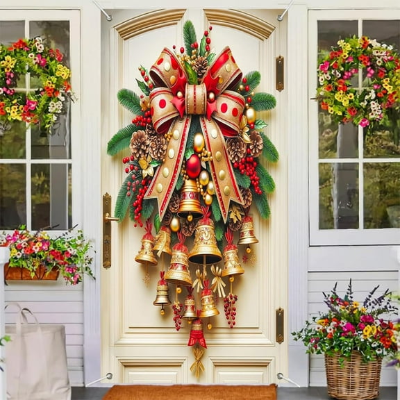 Christmas Bell Door Cover,Christmas Ribbon Bells Banner Decorations,Golden Bells Red Bow Winter Door Banner for Front Porch Indoor Outdoor Decoration,Christmas Door Hanging Cover,Farmhouse Decor