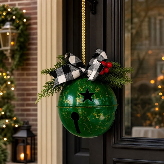 Christmas Bell Door Hanger, 14.6 Inch Buffalo Plaid Metal Jingle Bell Decor with Bow, Pine Branches and Red Berries, Vintage Farmhouse Hanging Christmas Decoration for Door, Wreath and Mantel
