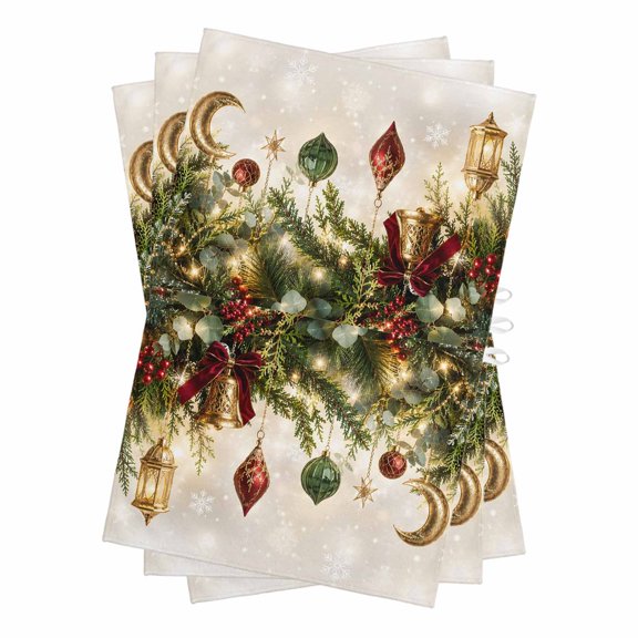 Christmas Bell Kitchen Towels Dish Towel Pack of 3 Winter Dreamy Pine Bell Stars Bow Tie Snowflake Soft Dish Cloth Set Absorbent Dishcloth for Drying Dishes, Hand Towels 18 x 28 Inches