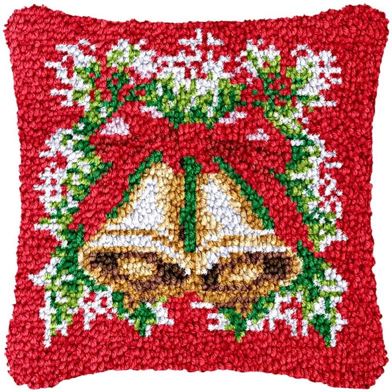 Christmas Bell Latch Hook Pillow Cover Kits for DIY Handmade Throw Pillow Cross Stitch Latch Hook Pillowcase Rug Cushion Kits with Preprinted Canvas Crochet Yarn Kits Needlework 17'' X 17''