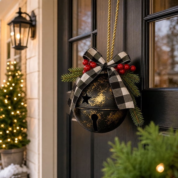 Christmas Bell Ornament 12 Inch Hanging Decoration with Bow Pine Sprigs and Berries Metal Holiday Pendant for Front Door Entryway Porch Wall Mantel Tree Indoor Outdoor Festive Decor
