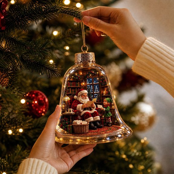 Christmas Bell Ornament with Santa and Elf Scene, Lighted Hanging Bell Decoration for Holiday Tree Display