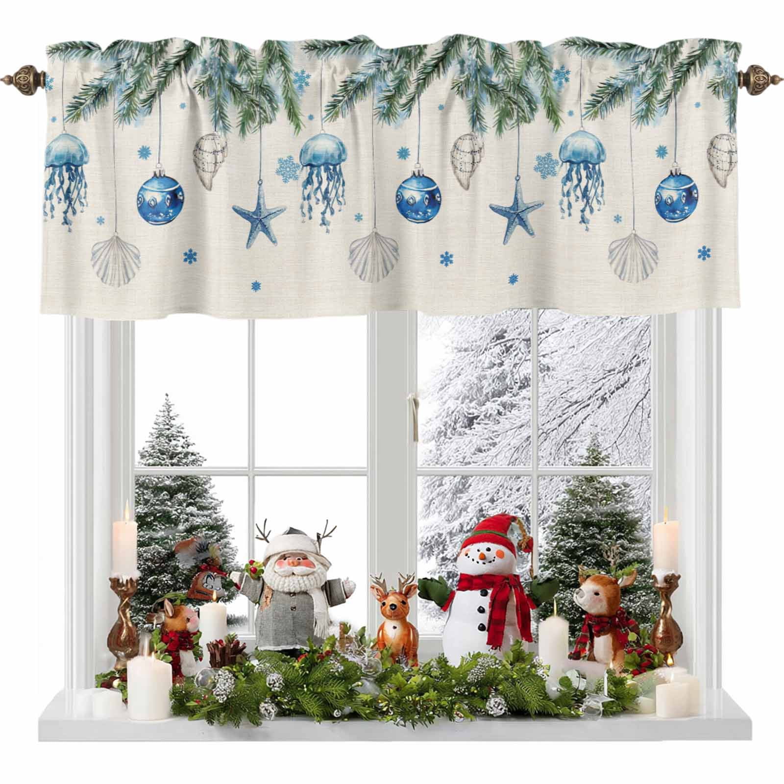 Christmas Bell Starfish Shells Pine Needles Valances for Windows,Kitchen Valance Rod Pocket Short Curtain,Xmas Snowflakes Retro Linen Valance Curtain Window Valances for Bedroom 54x18in