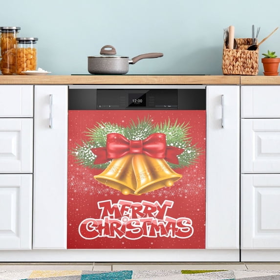 Christmas Bells Bow Dishwasher Magnet Cover Reuseable Refrigerator Magnet Cover Decal Fridge Microwave Stickers Hoilday Party Decor 23 x 26 Inch