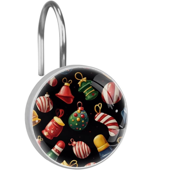 Christmas Bells Candy Shower Curtain Hooks Round Crystal Glass, Set of 12 Shower Curtain Rings - Shower Hooks for Curtain Shower Rings