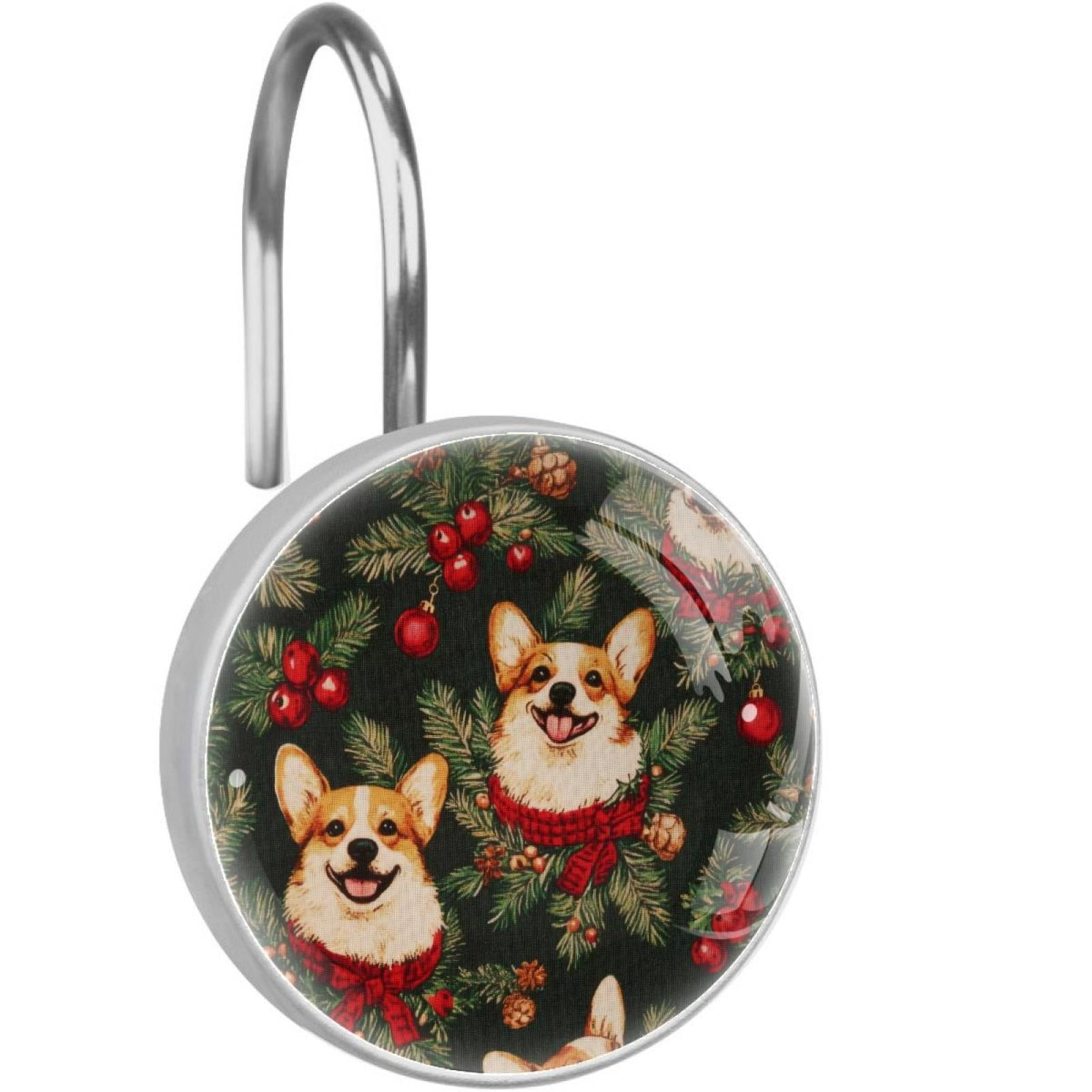 Christmas Bells Corgis Red Berry Shower Curtain Hooks Round Crystal Glass, Set of 12 Shower Curtain Rings - Shower Hooks for Curtain Shower Rings