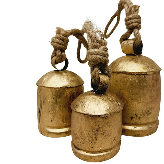 Christmas Bells Decor, Gold Hanging Bells for Christmas Decoration, Set of 3 Rustic Shabby Chic Cow Bells, Harmony Farmhouse Bells for Mantle and Home Décor