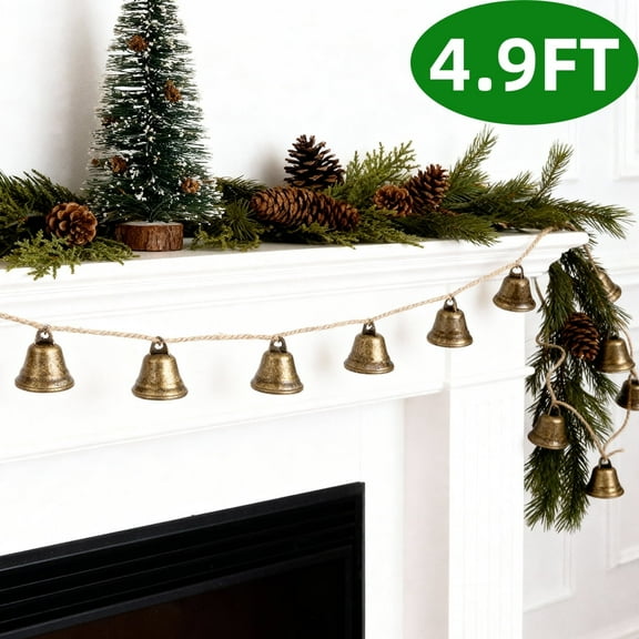 Christmas Bells Garland Bronze Jingle Bells Hanging String Vintage Decorative Rustic Bells Garland Banner for Christmas Tree Mantle Fireplace Wall Home 4.9 Ft