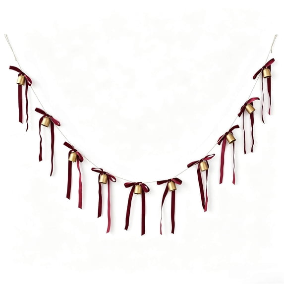 Christmas Bells Garland with Velvet Bow Ribbon Vintage Hanging Bunting for Fireplace Mantel Wall and Holiday Decor