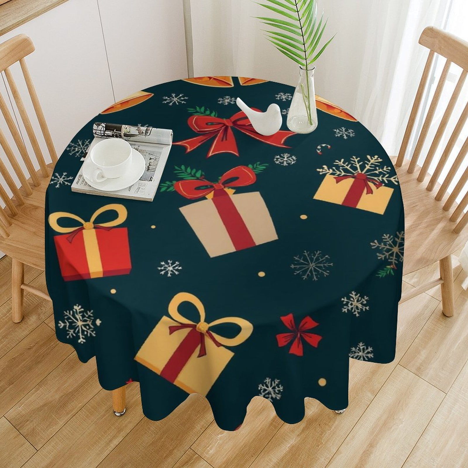 Christmas Bells Gifts Snowflakes Table Cloth Round PVC Wedding Kitchen