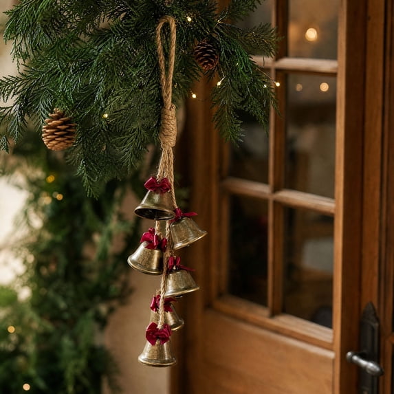 Christmas Bells Hanging Decor Vintage Metal with Rope Bow Tree Door Decor