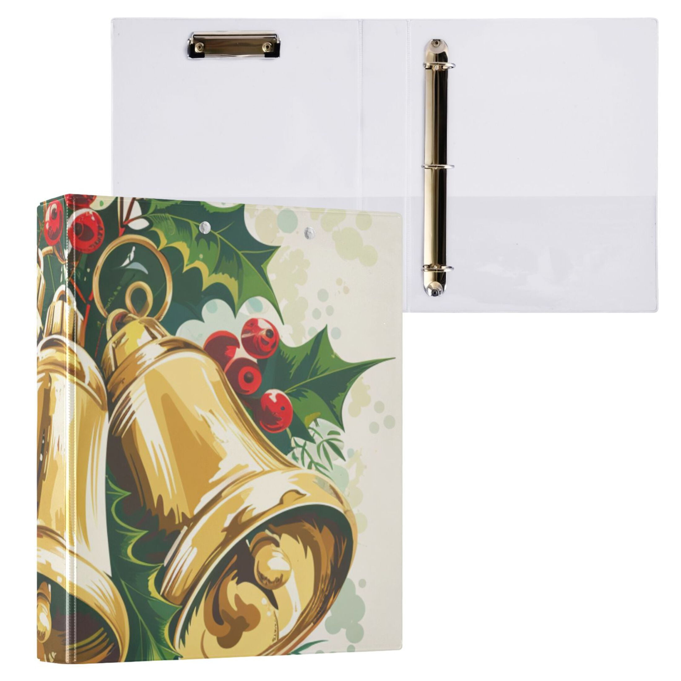 Christmas Bells Holly Berries 3 Ring Binders 1.5 inch Hardcover File Folders with Interior Pockets A4 Size Organizer for School Office Hospital Set of 2