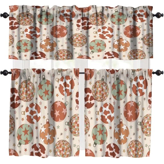 Christmas Bells Kitchen Curtain Valance, Cute Cartoon Christmas Bells Colourful Balls Star Pattern Decoration, Bedroom Living Room 54x18in+27x36in x2