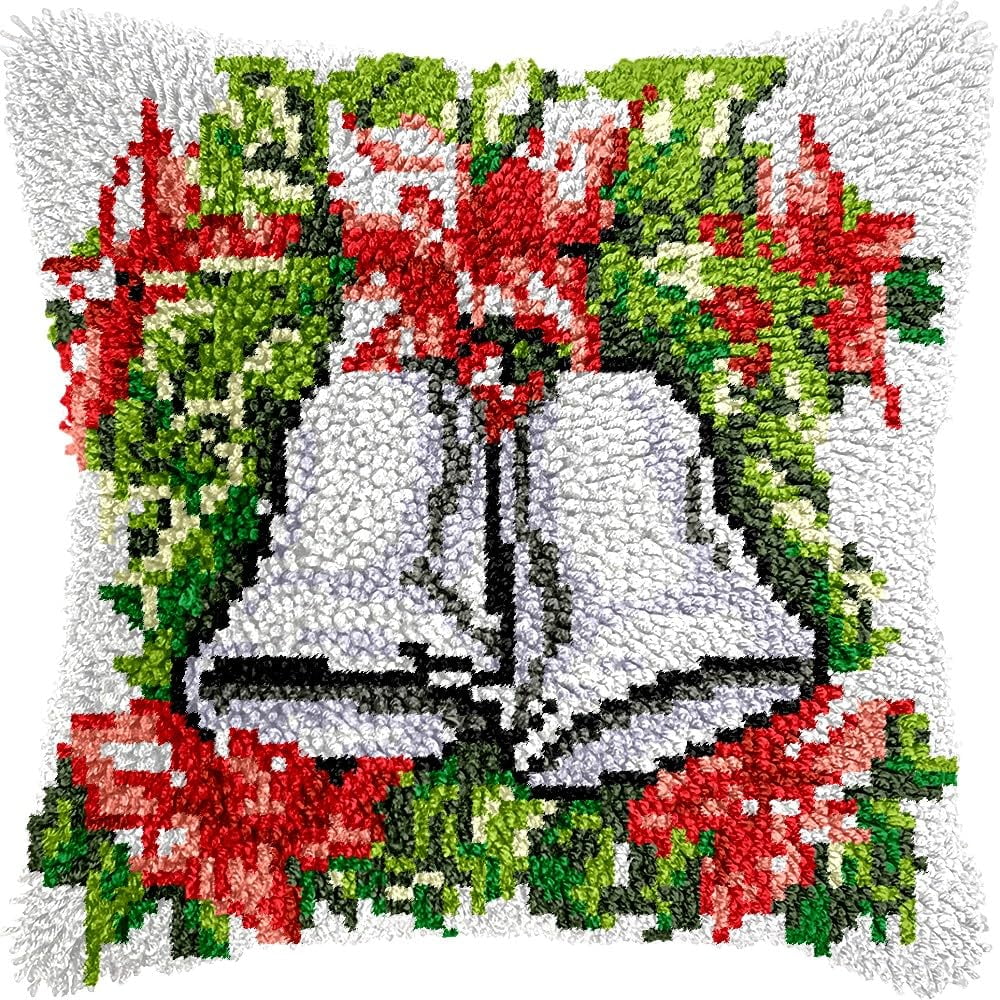 Christmas Bells Latch Hook Pillow Kits for DIY Throw Pillow Cushion Embroidery Latch Hooking Pillowcase Kits with Preprinted Canvas Crochet Yarn Kits for Home Decor 17''X 17''(d288)