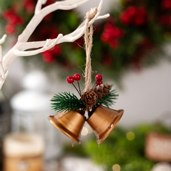 Christmas Bells Ornaments Set of 3,Colorful Iron Small Hanging Bells with Pine Cones for Tree Decor,Home,Wind Chime,Gift,Red Gold White,5.1 Inch