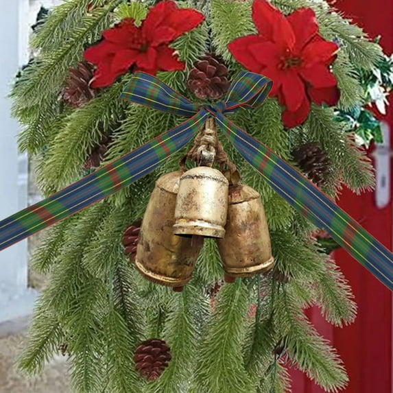 Christmas Bells,Set Of 7 Rustic Christmas Decor Vintage Style Brass Shabby Chic Decorations,Harmony Cow Bells,Christmas Bell with Blue White Bow Ornament for Xmas Tree Topper