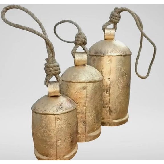Christmas Bells Set of 10 Vintage Rustic Brass Tin Cow Dcor Bells
