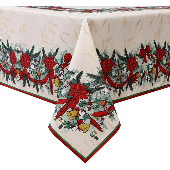 Christmas Bells Snowman Design Tablecloth Water Resistant and Easy Clean Rectangle Table Cloth for Indoor Outdoor Party Holiday Kitchen Dining Room 60 Inch by 120 Inch