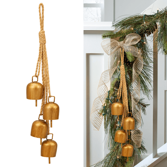 Christmas Bells, Vintage Christmas Cow Bells Decor, Rustic Gold Christmas Cowbells with Jute Hanging Rope for Home Door Knob Christmas Tree