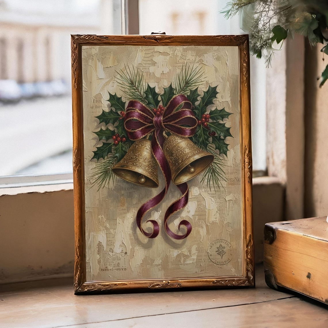 Christmas Bells Wall Art Print, Red Ribbon Holly Farmhouse Decor ...