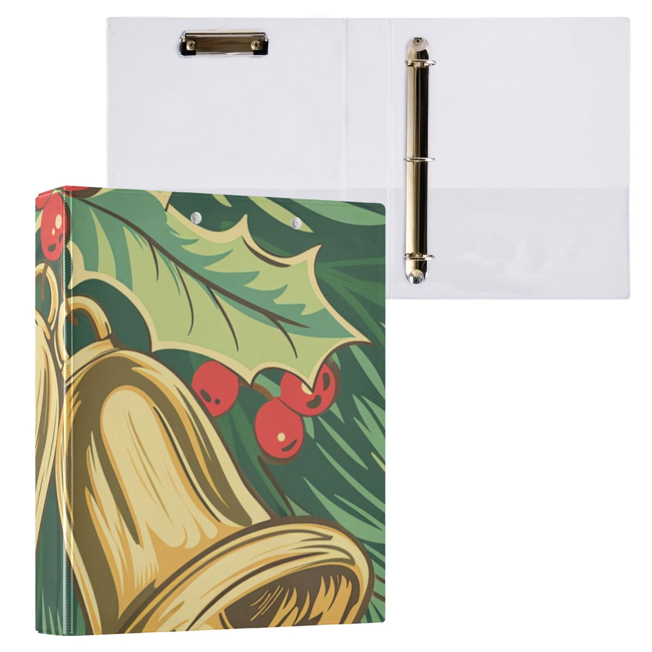 Christmas Bells and Holly Berries 3 Ring Binders 1.5 inch Hardcover File Folders with Interior Pockets A4 Size Organizer for School Office Hospital