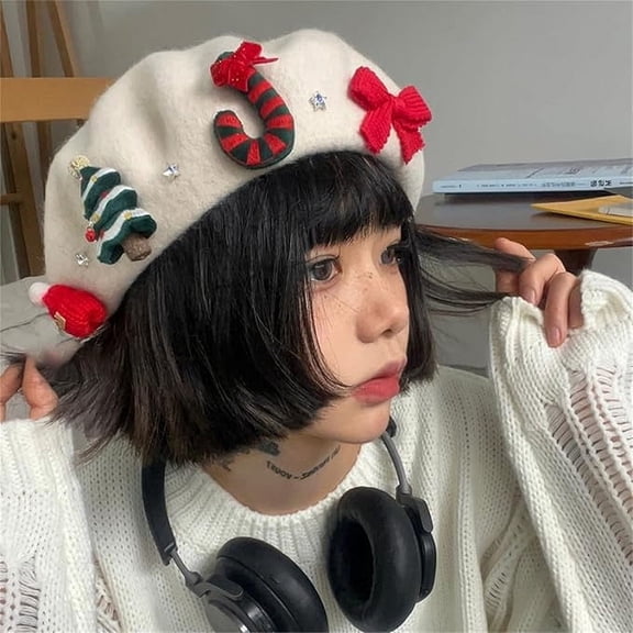 Christmas Beret Hat Set,Cute Christmas Beret Cap with Decoration Pearl Sweet Wool Artist Beanies Hats Sweet Warm Hat Handmade French Beret for Christmas Girls Lady