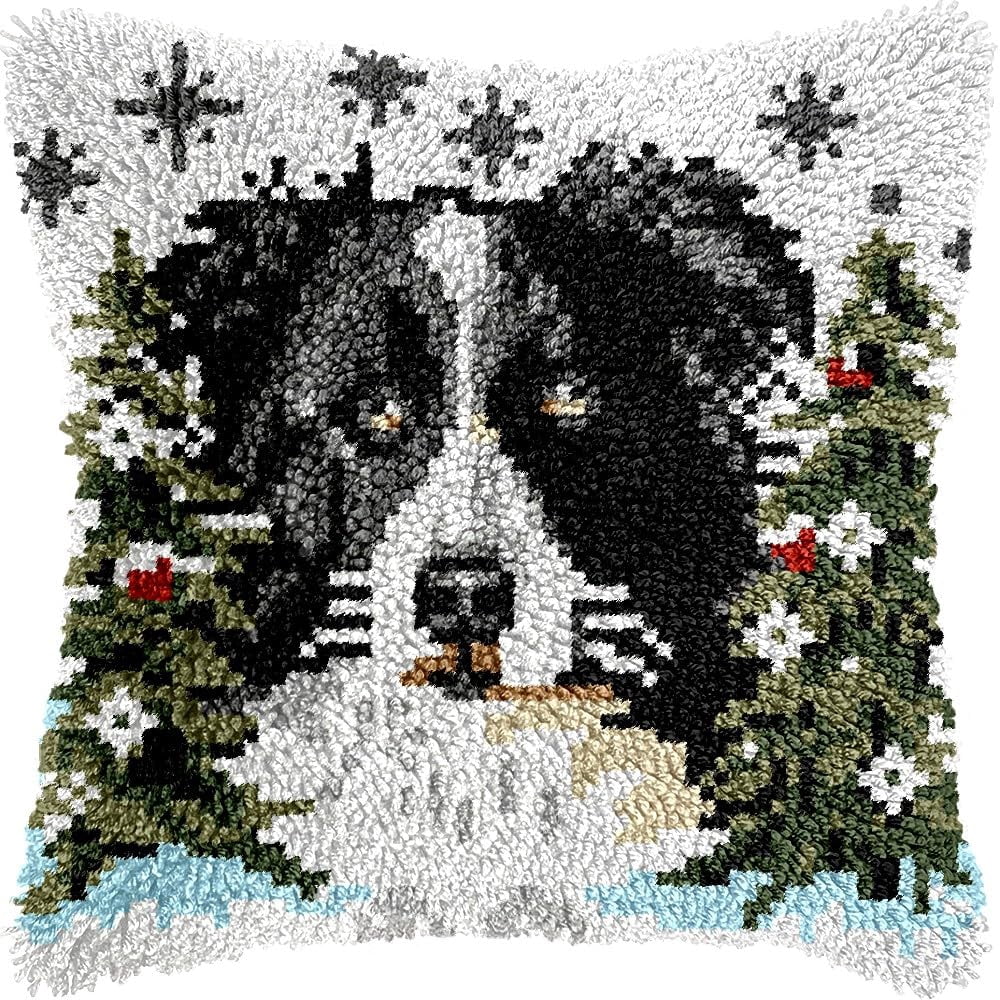 Christmas Bernes Mountain Dog Latch Hook Pillow Kits for DIY Throw Pillow Cushion Embroidery Latch Hooking Pillowcase Kits with Preprinted Canvas Crochet Yarn Kits for Home Decor 17''X 17''(d178)