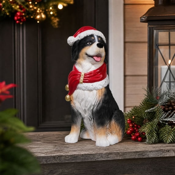Christmas Bernese Dog Resin Figurine with Santa Hat, Jingle Bell Scarf 8in, Cute Holiday Dog Statue for Indoor Home Desktop, Shelf and Fireplace Xmas Decoration