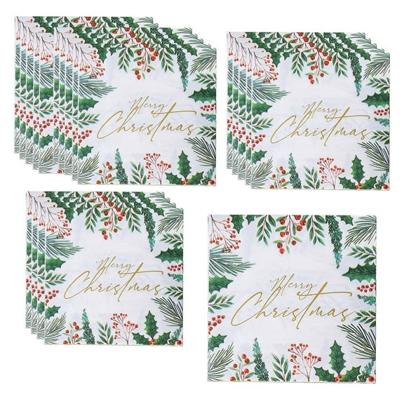 Christmas Berries And Pine Needles Paper Napkins Double Sided Print For Holiday Party Supplies, Merry Christmas Dinner Kitchen Guest Napkins, 20 Pieces Disposable Napkin Set