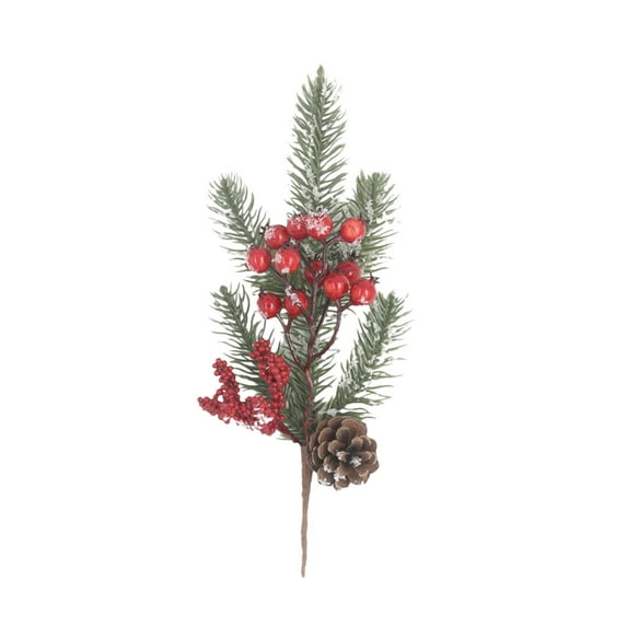 Christmas Berries Red Stems Evergreen Pine Branches Xmas Picks Spray Artificial Pine Cones Holly Stem Craft DIY Xmas Garland Wreath Ornaments (C)