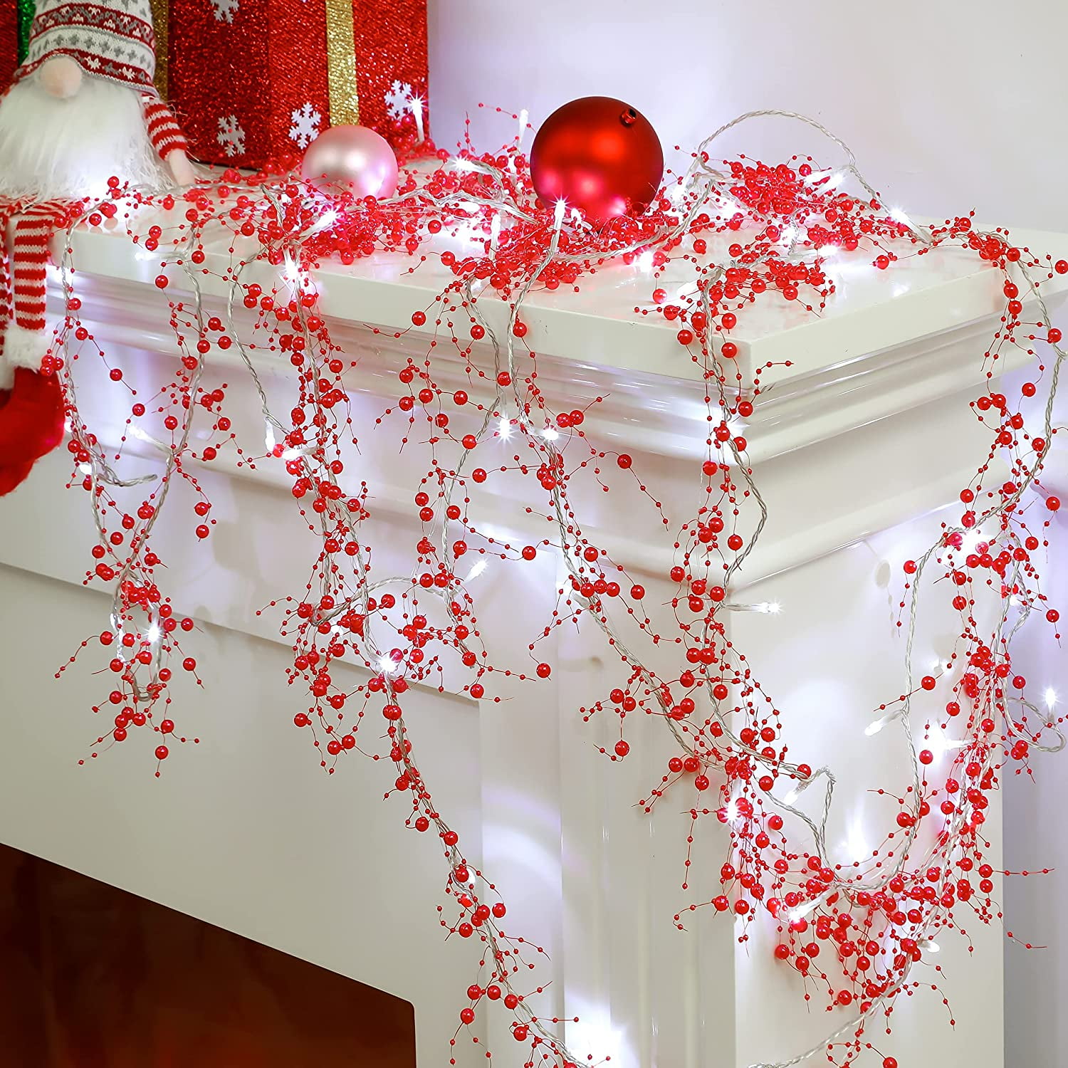  100 Feet Christmas Tree Beads Garland, Red Faux Pearl