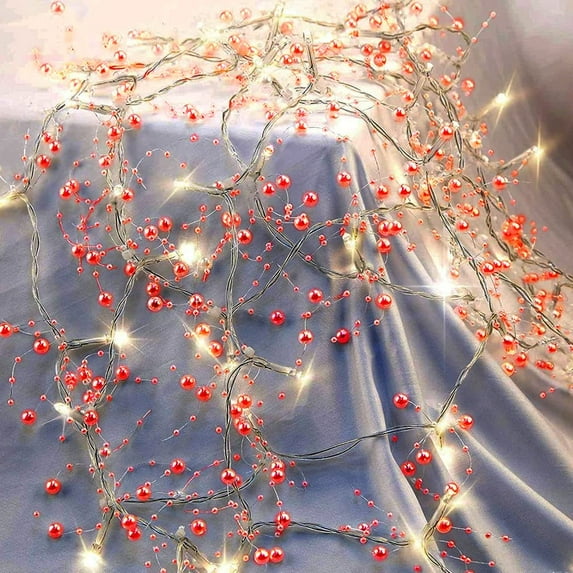 Christmas Berry Beaded Garland, 16.4ft 50 LED Lighted Berry Beaded Garland for Bedroom Mantel Wedding Party Indoor Decorations(Red)