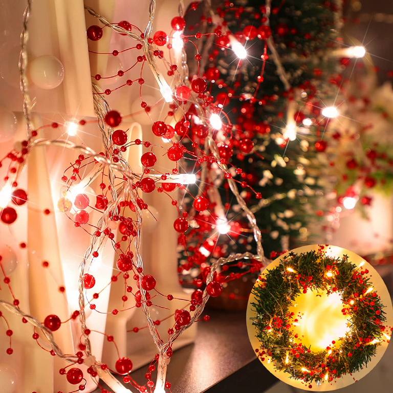 Christmas Berry Beaded Garland String Light Christmas Mantle Decor Acrylic  Pearl Warm LED Lights Festive Lighted Battery Operated for Home Party Decor  - 3M/10FT 