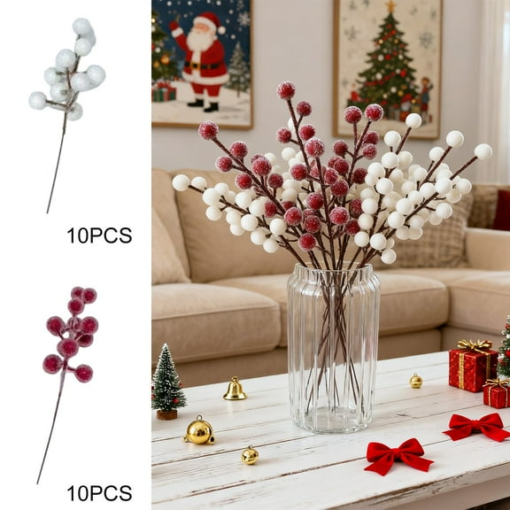 Christmas Berry Cutting Decorations Artificial Snowflakes | 10-Pack Glitter Foam Branches for Trees Wreaths Centerpieces | 22cm Red White Holiday Decor