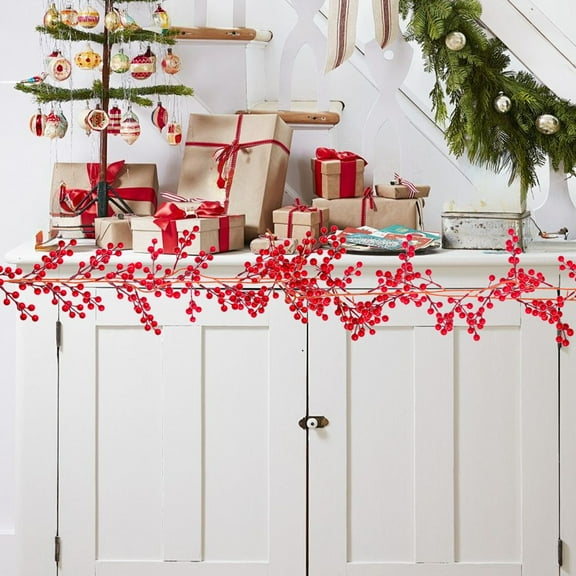 Christmas Berry Garland, Christmas Rattan Vine, 5.75 Feet Red Berry Wreath, Simulation Faux Berry Stems, for Holiday Mantel Decor, Christmas Tree Decoration, Festive Home Arrangement, Red, By FAJHHA