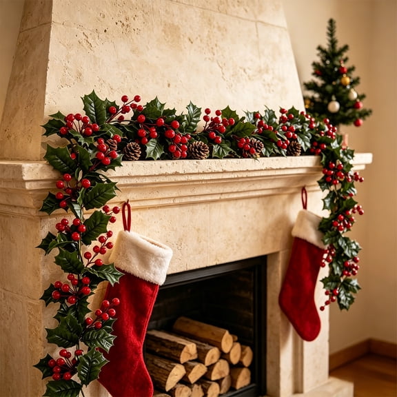 Christmas Berry Garland with Artificial Leaves, Decorative Rattan String for Fireplace Tree Stair Rail and Seasonal Indoor Home Decor