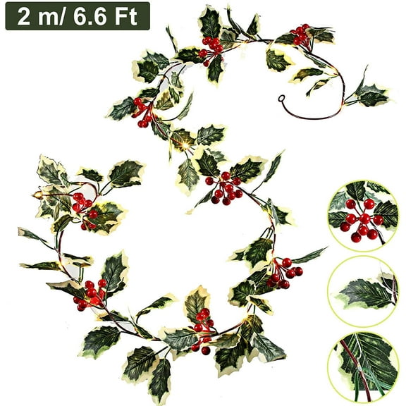Christmas Berry String Garland 6.5FT Christmas Lighted Berry Holly Leaves Garland Indoor Artificial Garland Fall Christmas Decor Light Garland for Holiday Fireplace Mantel