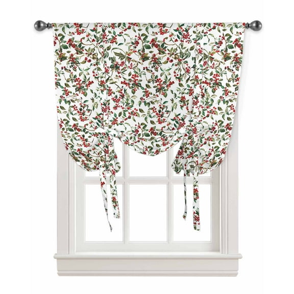 Christmas Berry Tie Up Curtains for Window, Xmas Botanical Watercolor Green Red Thermal Insulted Balloon Shade Adjustable Rod Pocket Curtains Valance Panels for Kitchen Bathroom Café 42 x 54