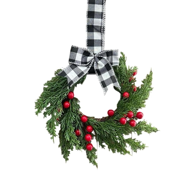 Christmas Berry Wreath With Plaid Bow Decoration Country Rustic Christmas Wreath Artificial Hanging Berry Wreath for Front Porch Window Wall Fireplace Indoor Outdoor Decor