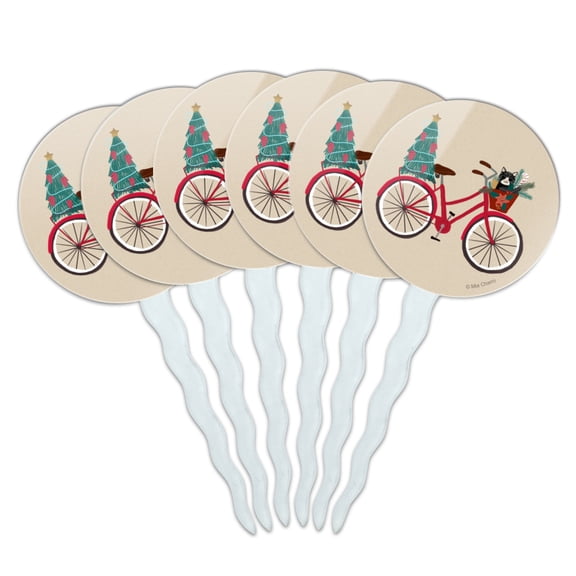 Christmas Bicycle Bike and Cat in Basket Cupcake Picks Toppers Decoration Set of 6