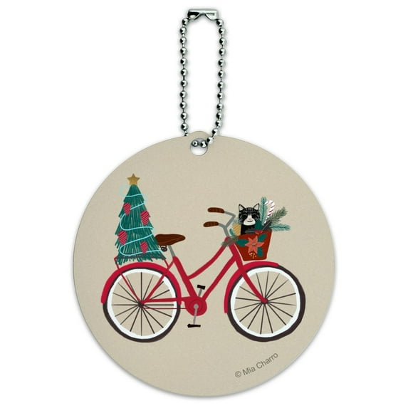 Christmas Bicycle Bike and Cat in Basket Round Luggage ID Tag Card Suitcase Carry-On