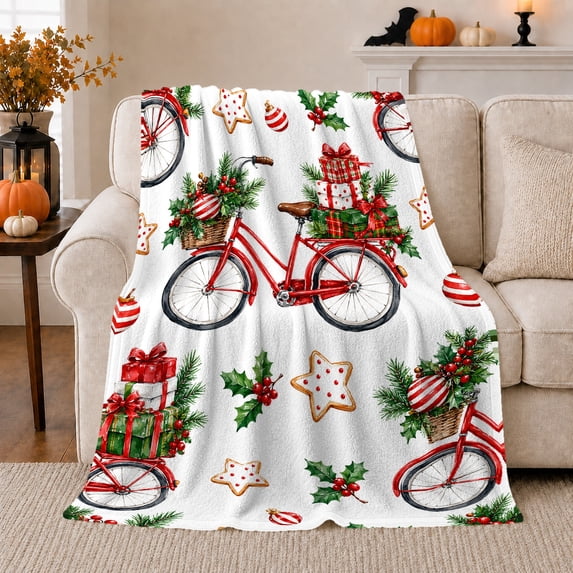 Christmas Bicycle Flannel Blanket, White Red Green Present Boxes Holly Berry Cookie Ornament Pattern for Sofa Couch Bed Living Room Bedroom Home Decor Holiday Gift for Bike Lovers