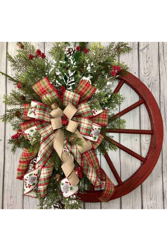 Christmas Big Bow Wreath Wooden Door Welcome Plaque Home Decoration Wheel Shaped Garland Xmas Party Ornament