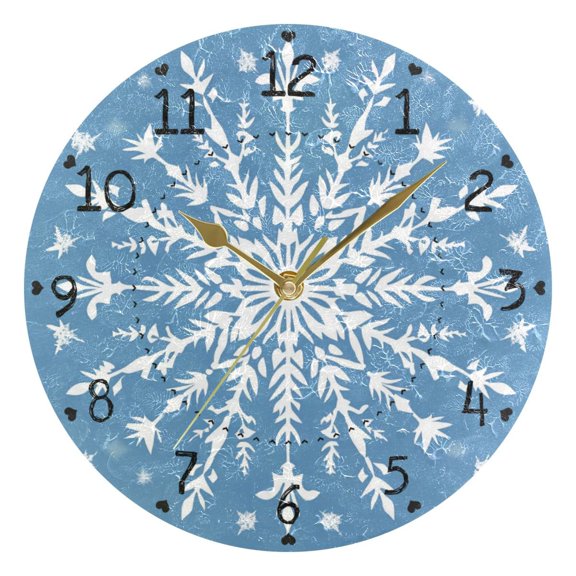 Christmas Big Snowflakes Round Wall Clock Silent Analog Battery Operated Gold Pointer Home Decor 9.84" Diameter