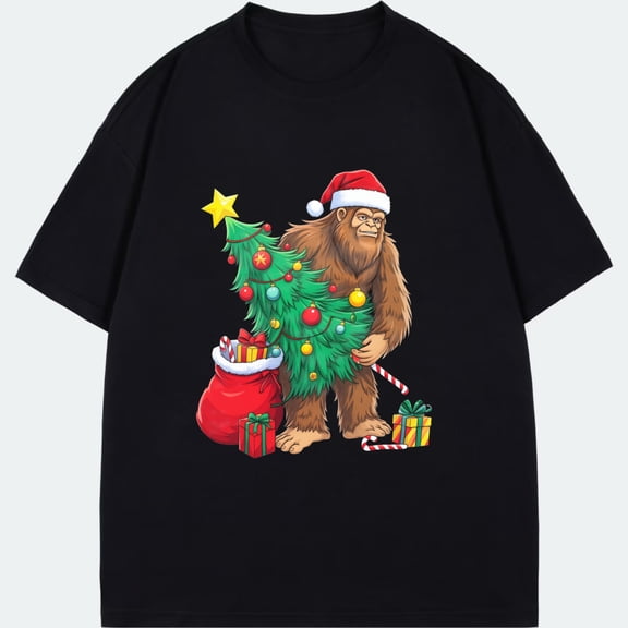 Christmas Bigfoot T-Shirt Black Christmas Tree And Gift Print For Holiday Party