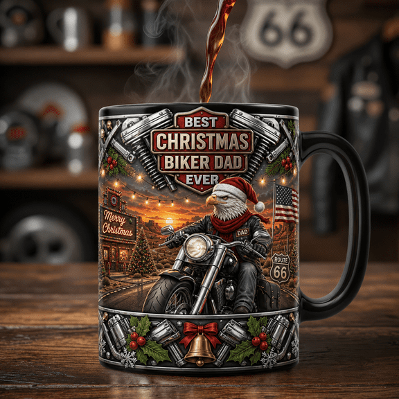 Christmas Biker Dad Magic Mug, Bald Eagle Motorcycle Coffee Mug Gift for Dads