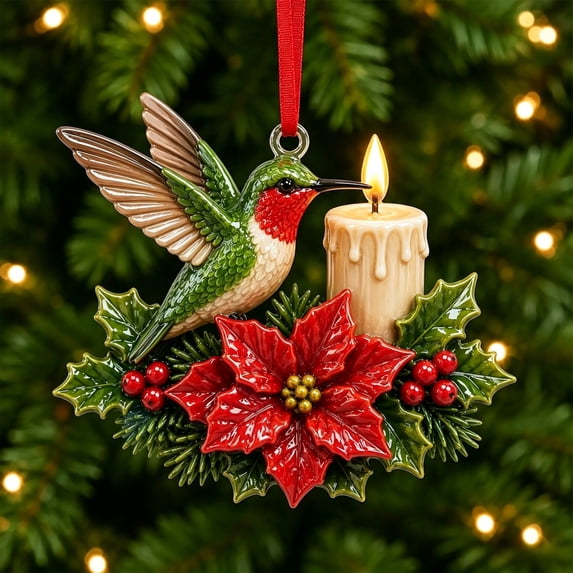 Christmas Bird Acrylic Ornament 3.9 Inch Poinsettia Candle Hanging Tree Decor Design C